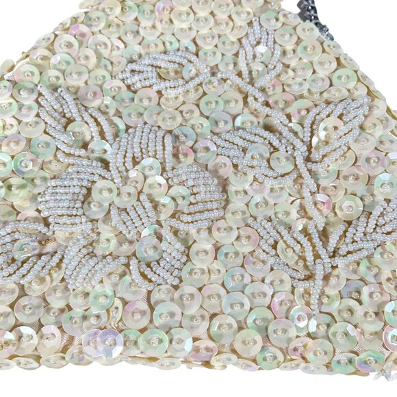 Flapper Beaded Sequined Evening Bag Kiss Clasp VTG Purse Silver Chain Strap - Picture 7 of 12